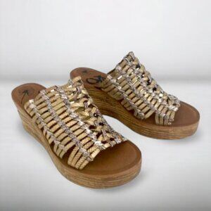 OTBT Starlike Mixed Metallic Woven Leather Platform Wedge Sandals, Women Size 9